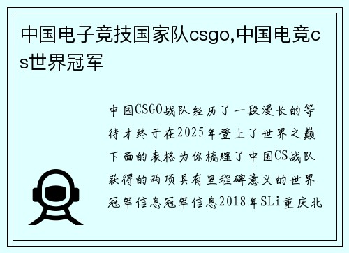 中国电子竞技国家队csgo,中国电竞cs世界冠军
